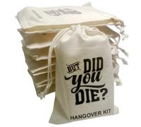TIAMECH 10Pcs Words Bachelorette Hangover Kits, Organic Muslin Drawstring Bags, Wedding Party Favor Set for Holiday Gifting, DID YOU DIE Reusable Unbleached Cotton Pouches(4"x6")