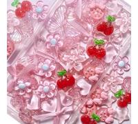 TIAMECH 60 Pcs Pink Assorted Junk Case Charms, Cute Y2K Girly Heart Bow Flower Resin Charms Kit, 3D Pink Phone Case Slime Decoden Flatback Charm for Crafting DIY Decoration