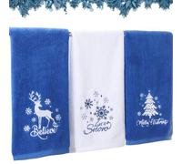 Tiamon 3 Pack Christmas Hand Towels, 13.7 x 29.5 Inch, Blue, Snow | Cotton, Embroidered, Decorative Christmas Bathroom Towels, Dish Tea Fingertip Towels, Xmas Winter Holiday Kitchen Bath Gifts