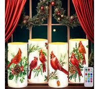Tiamon 4 Pcs Christmas Red Bird Candles LED Bird Theme Flameless Candles Battery Operated LED Warm Light Flickering Candles Xmas Pillar Candle Set for Holiday Table Decorations