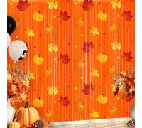 Tiamon Fall Thanksgiving Party Decorations 2 Pack Orange Maple Leaves Pumpkins Pattern Photo Booth Props 3.3 x 6.6 ft Foil Fringe Curtains for Autumn Thanksgiving Birthday Baby Shower Backdrop Decor