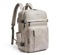 tiamyi Leather Backpack for Women and Men, Fits 17 Inch Laptop, Stylish Lay-Flat Carry-on Vegan Leather Rucksack with Luggage Strap for Daily Use, Grey Laptop Backpack
