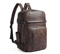 tiamyi Leather Backpack for Women and Men, Fits 17 Inch Laptop, Stylish Lay-Flat Carry-on Vegan Leather Rucksack with Luggage Strap for Daily Use, Laptop Backpack