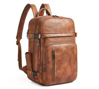 tiamyi Leather Backpack for Women and Men, Fits 17 Inch Laptop, Stylish Lay-Flat Carry-on Vegan Leather Rucksack with Luggage Strap for Daily Use, Brown Laptop Backpack
