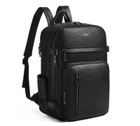 tiamyi Leather Backpack for Women and Men, Fits 17 Inch Laptop, Stylish Lay-Flat Carry-on Vegan Leather Rucksack with Luggage Strap for Daily Use, Black Laptop Backpack