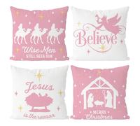 Tian Zhun Christmas Pillow Covers 18x18 Inch Set of 4 Nativity Religious Throw Pillow Covers Pink And White Xmas Winter Decorative Cushion Covers Case Home Sofa Living Room Farmhouse Decor