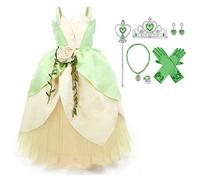 Tiana Costume for Girls, Kids Prinecss Tiana Dress Cosplay Birthday Halloween Party Carnival Fairy Fancy Dress Up Princess and The Frog Dress Costume with Accessories Green+Accessories 2-3 Years