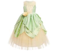 Tiana Dress for Girls, Kids Princess Tiana Costume Halloween Cosplay Carnival Fancy Dress Up Birthday Party Decorations Princess and The Frog Dress Costume Green Dress（1pcs） 5-6 Years