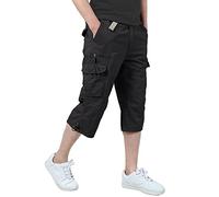 TIANBA Mens 3/4 Long Cargo Shorts Loose Fit Elastic Work Capri Shorts Below Knee Casual with 7 Pockets, Black, 34