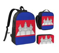 Tianbaozdp Cambodia Flag Print Backpack 3 PCS,With Insulated Lunch Bag Zippered Pencil Case,17in backpack