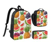 Tianbaozdp Fresh Juicy Fruits Pineapple Berries Grape Orange Print Backpack 3 PCS,With Insulated Lunch Bag Zippered Pencil Case,17in backpack
