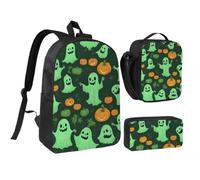 Tianbaozdp Green Ghost Horror Halloween Pumpkin 2 Print Backpack 3 PCS,With Insulated Lunch Bag Zippered Pencil Case,17in backpack