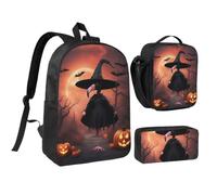 Tianbaozdp Halloween Flamingo Witch Hat Print Backpack 3 PCS,With Insulated Lunch Bag Zippered Pencil Case,17in backpack