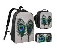 Tianbaozdp Peacock Feather Print Backpack 3 PCS,With Insulated Lunch Bag Zippered Pencil Case,17in backpack