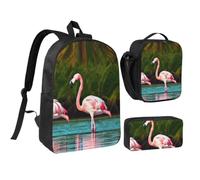 Tianbaozdp Two flamingos Print Backpack 3 PCS,With Insulated Lunch Bag Zippered Pencil Case,17in backpack