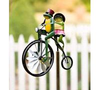 Tianbi Moving Vintage Bicycle Metal Wind Spinner Cute Animal Motorcycle Garden Pile Metal Wrought Iron Frog Ornament Wind Spinner Pole Garden Yard Lawn Windmill Decoration