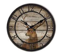 TIANCENTRAL H Wood Deer Clocks for Living Room Round Silent Wall Clock Vintage Decoration Time Clocks Home Kitchen School Office Wall Clocks Battery Operated by 12 inches