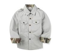 Tianerhay Boys' Military Button-Down Shirt with Camouflage Cuffs, Long Sleeve Cotton Casual Shirt for Toddler Boys Light Grey 5-6 Years