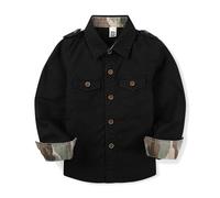 Tianerhay Boys' Military Button-Down Shirt with Camouflage Cuffs, Long Sleeve Cotton Casual Shirt for Toddler Boys Black 10-11 Years