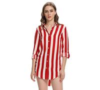 Tianerhay Women Striped Shirts Button Down Long Sleeve Blouse Cuffed Sleeve Collared Shirt 1 Red S