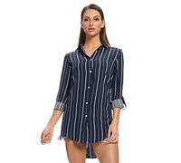 Tianerhay Women Striped Shirts Button Down Long Sleeve Blouse Cuffed Sleeve Collared Shirt Y Blue XL