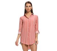 Tianerhay Women Striped Shirts Button Down Long Sleeve Blouse Cuffed Sleeve Collared Shirt Y Pink 2XL