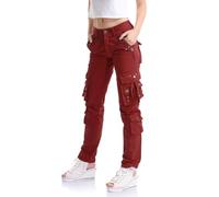 Tianerhay Women's Cotton Cargo Trousers Multi Pocket Combat Pants Straight Leg Utility Workwear Bordeaux Tag 32-UK 12