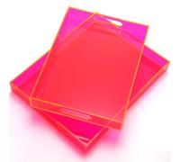 Tiangrid 2 Pack Large Acrylic Serving Tray Neon Pink Rectangular Ottoman Coffee Table Tray Spill Proof: 16" x 12.6" x 2" for Bar Party