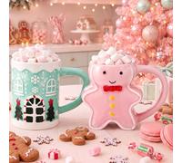 Tiangrid 2pack Pastel Christmas Gingerbread House Ceramic Coffee Mug Cute Pink Christmas Gingerbread Man Coffee Cup Holiday Gift for Centerpiece Decoration Housewarming Women Gift Milk Cocoa Tea Latte