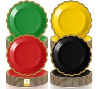 Tiangrid 96 Pcs Red Green Yellow Black Paper Plates 7 Inch Scalloped Juneteenth African American Festival Disposable Dessert Plates for Black History Month Bridal Wedding Birthday Party Supplies