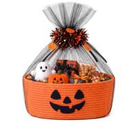 Tiangrid Halloween Basket Woven Rope Empty Basket with Tulle Bag, Tinsel Garland and Ribbon Trick or Treat Halloween Party Favor Candy Bag Toy Storage for Baby (Pumpkin,Orange)