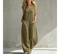 TIANHENGMart Casual Summer Romper for Women V-Neck Solid Color | Sleeveless wide leg design, dual side pockets, v-neckline, solid color pattern, regular fit length