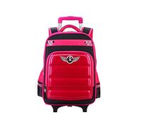 TIANHEY Heavy Duty Universal Trolley Travel Bag Trolley School Bag Primary School Boys Girls School Bag Load Reduction 6-12 Years Old Backpack with Wheels Waterproof 2 Wheels, (Rose Red), (Free)