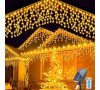 TIANHOO Solar Icicle Lights, 3M Waterproof String Lights 128 LED Fairy Light 16 Pcs Hanging Curtain String Lights 8 Modes Waterfall String Light with Remote for Wedding Christmas Party Decoration