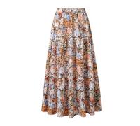 TIANKMER Maxi Skirt for Women Flowy Swing Tiered A-Line Fall Skirt Elastic High Waist Pleated Ruffle Long Beach Skirts Dress, Coffee Floral, M