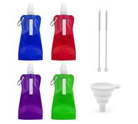 TIANNAIT 4 Folding Water Bottles, Colorful Sports Hydration Bag with Clip, with Funnel and Brush, Reusable Drink Bag, for Outdoor Sports, Cycling, Camping, Hiking, Travel