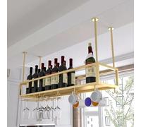 TIANQIHAO Modern Metal Hanging Cafe Wine Bottles Racks, Ceiling Shelf Wine Racks For Home Bar Display, Floating Storage Shelves Wine Cups Hanging Rack, Wall Mounted Wine Bottle Gla,Gold-150cm