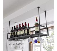 TIANQIHAO Modern Metal Hanging Cafe Wine Bottles Racks, Ceiling Shelf Wine Racks For Home Bar Display, Floating Storage Shelves Wine Cups Hanging Rack, Wall Mounted Wine Bottle Gla,Black-150cm