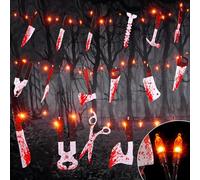 Tianry Scary Halloween Decorations Props, 16.4 FT Halloween String Lights with 16 Fake Bloody Knives & 50 LED Orange Big Bulbs, 8 Modes Battery Operated Bloody Party Supplies for House Décor