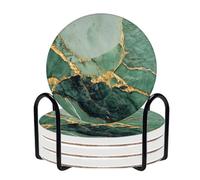 tiansiaben 4Pcs Ceramic Green Marble Texture Coasters with Holder | 10cm Round Absorbent Ceramic Coasters Set of 4, Green Marble Coasters with Cork Backing for Table Protection, Home Decor