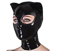 TIANXIAOQWE Black Latex Hood with Cat Ears Back Zipper Open Eyes Mouth Rubber Mask Club Wear Cosplay Costume Props