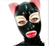 TIANXIAOQWE Black Latex Hood with Cat Ears Back Zipper Open Eyes Mouth Rubber Mask Club Wear Cosplay Costume Props