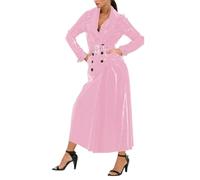 TIANXIAOQWE Unisex PVC Lapel Collar Wet Look Glossy Long Sleeve Button-Front Belted Trench for Party Nights Pink