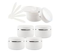 TIANZD 5 Pieces 20ml White Empty Plastic Cosmetic Jars with Screw Lid with Silver Ribbon 20g Small Storage Pot Containers for Homemade Salve Gel Lip Balm Cream Travel, 5x Spatula