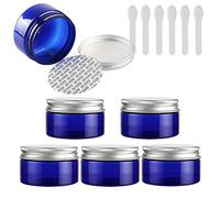 TIANZD 6 Pieces Empty 100ml Blue Plastic Cosmetic Jars with Silver Screw Lid 100g Small Pot for Cosmetic Travel Homemade Cream Gel Lip Balm Salve Storage Containers+ 6x Spatula