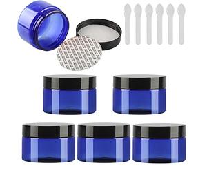 TIANZD 6 Pieces Empty 150ml Blue Plastic Cosmetic Jars with Black Screw Lid 150g Small Pot for Cosmetic Travel Homemade Cream Gel Lip Balm Salve Storage Containers+ 6x Spatula