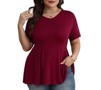 TIANZHU Ladies Plus Size Short Sleeve V-Neck Peplum Tunic Top with Pleated Waist Flowy Elegant Blouse, Wine Red, 4XL