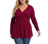 TIANZHU Plus Size Tops for Women Wrap V Neck Babydoll Shirt Long Sleeve Tunic Top Dressy Loose Blouse Mujer Blusas Button Flannel Outfit Halloween Fashion Womans Plaid Club Top, Wine Red, XL