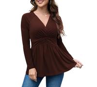 TIANZHU Women’s Wrap Tunic Top Elegant V-Neck Long Sleeve Shirt Empire Waist Flowy A-Line Babydoll Style for Vacation, Brown, Size 24-26