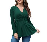 TIANZHU Women’s Wrap Tunic Top Elegant V-Neck Long Sleeve Shirt Empire Waist Flowy A-Line Babydoll Style for Vacation, Dark Green, Size 24-26
